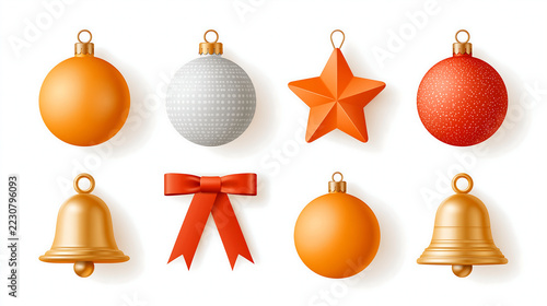 Christmas tree decoration collection featuring baubles, stars, bells, ribon, and handmade ornaments in flat design, isolated on white.