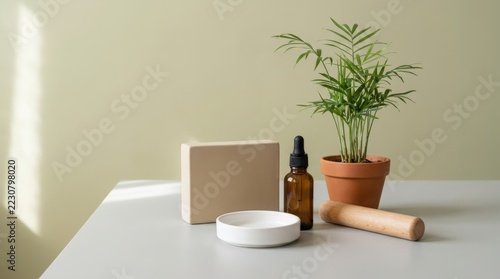 Natural skincare products and a potted plant on a table with soft light.