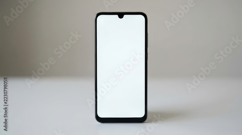 Modern smartphone with a blank white screen on a clean white surface.