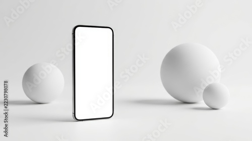 Modern smartphone with blank screen and abstract spheres on white background.
