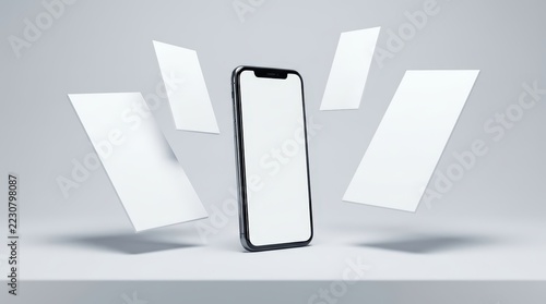 Modern smartphone with blank screens floating around it on a clean background.