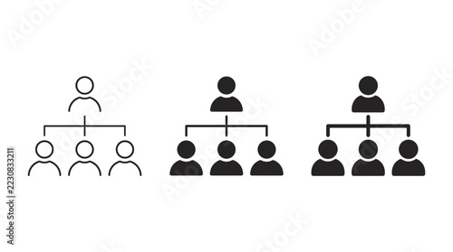 Organizational chart icons set featuring hierarchy structure and management flow in flat line and solid vector styles