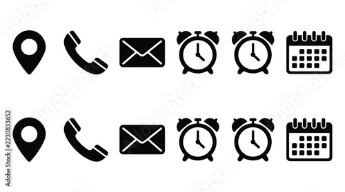Contact Us Icon Set Featuring Location Pin, Telephone, Email, Alarm Clock, and Calendar Symbols