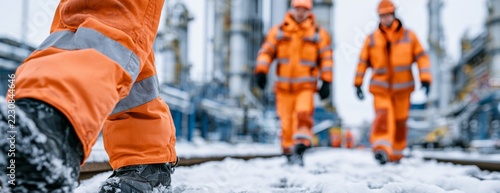 Workers walking on snow at an industrial plant in winter attire  