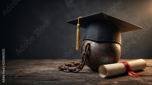 A black graduation cap resting on top of a heavy iron ball and chain on a wooden desk, symbolizing student loan debt, expensive higher education, and financial burden on graduates.