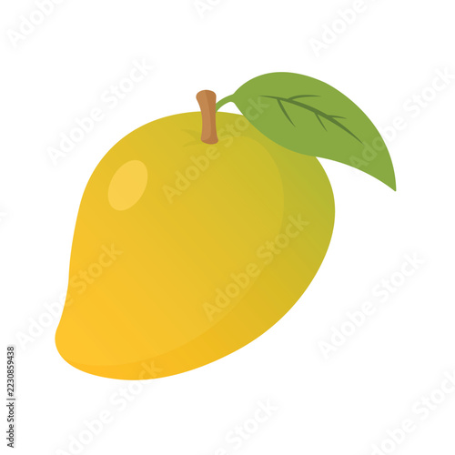 Ripe greenish yellow mango with green leaf illustration