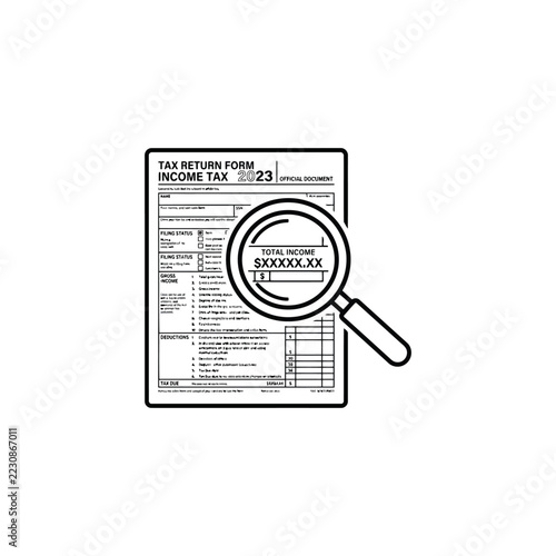 Magnifying glass on tax return income form