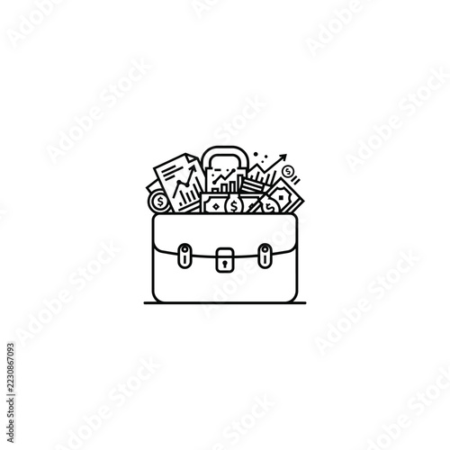 Briefcase filled with financial icons and documents