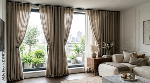 Modern Living Room with City View Balcony, Natural Light, Cozy Sofa, and Elegant Curtains