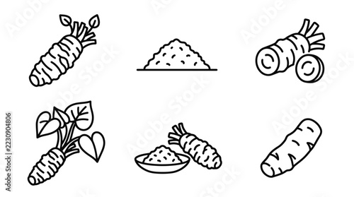 Wasabi root, leaves, grated powder and slice line icon set