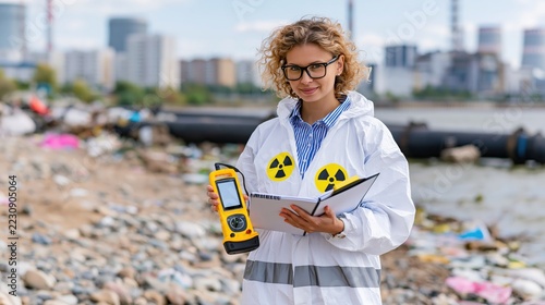 Scientist in protective suit analyzes radiation levels near polluted industrial area.