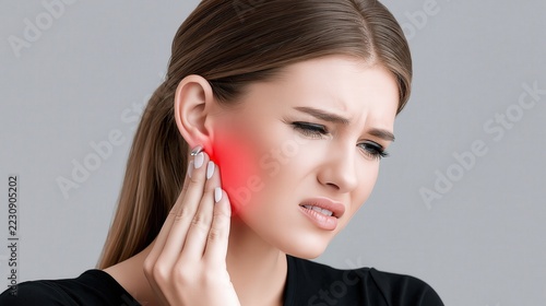 Young woman experiencing pain in her jaw area.