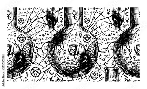 Occult symbols and alchemical diagrams on cracked parchment