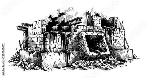 Ruined brick furnace with broken beams and rubble