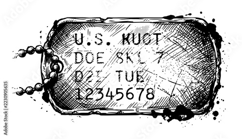 Scratched military dog tag on a bead chain
