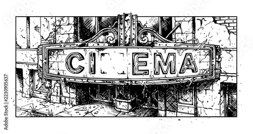 Damaged cinema sign above a crumbling theater entrance