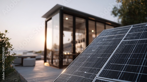 Solar panel supporting an independent lifestyle narrative with emphasis on self-reliance, compact modern living environment with functional personal design, soft directional lighting creating subtle c
