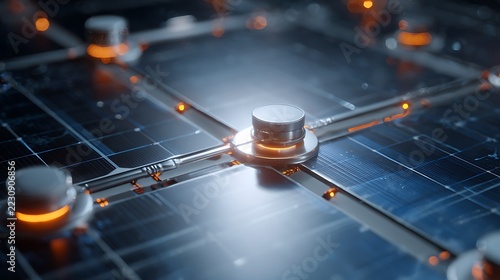 Solar panel visualized as part of an intelligent adaptive energy system, dynamic environment with interconnected technological elements suggesting automation, balanced ambient lighting with soft highl