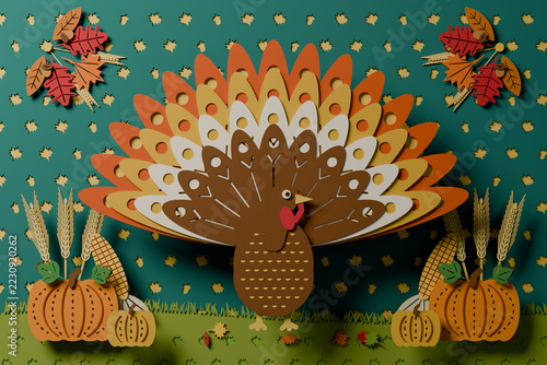 Thanksgiving folk turkey with a fan tail of cutwork feathers, pumpkins, corn, wheat and autumn leaves, layered papercut art, 3D render