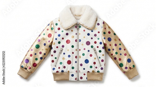 Stylish winter jacket with colorful polka dot pattern and a soft warm fur collar