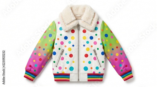 Colorful polka dot bomber jacket with rainbow gradient sleeves for modern fashion