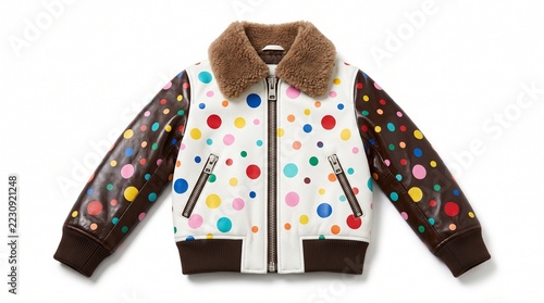 Stylish bomber jacket for children with colorful polka dots and brown fur collar