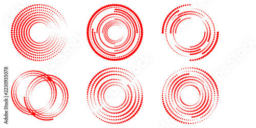 Collection of six red abstract circular graphic elements, appearing as stylized concentric rings, dashes, and curves, arranged in a grid format.