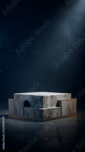Concrete tiered pedestal with reflective surface on dark textured backdrop