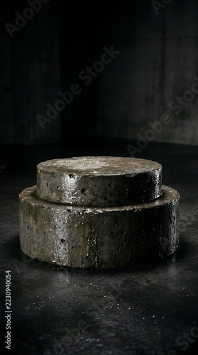 Concrete cylindrical blocks stacked on dark reflective surface minimalist composition