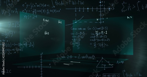 Floating translucent panels drifting through dark virtual classroom, showing equations and graphs