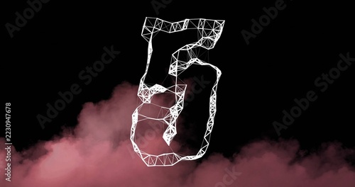 Floating white triangular-mesh wireframe loop hovering in dark studio void, with pink-red smoke
