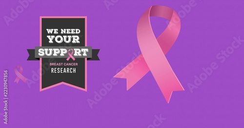 Showing large pink ribbon right of poster featuring badge calling breast cancer research