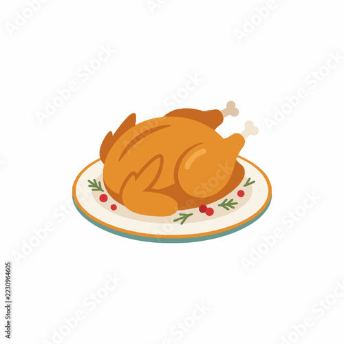 roasted thanksgiving turkey on a plate flat vector illustration isolated on white background