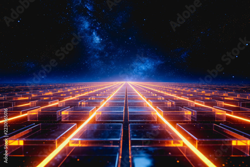 A glowing neon grid extends infinitely toward a star-filled cosmic horizon, forming a futuristic sci-fi digital landscape.