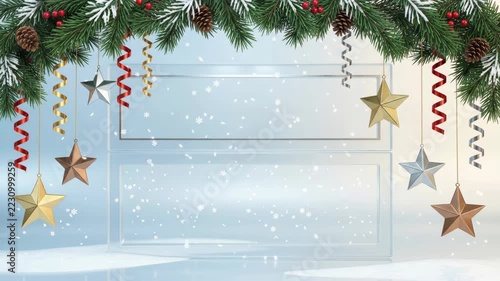 festive christmas retail window decoration display with evergreen branches, hanging gold star ornaments, red ribbons, pine. christmas new year holiday celebration shop store interior showcase present