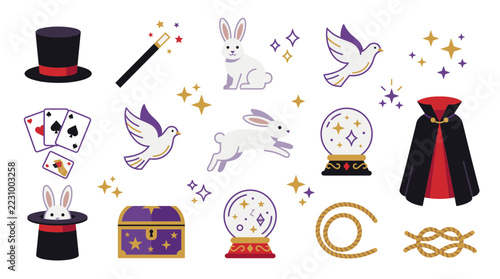 Modern flat magician clipart collection with top hats, magic wand, playing cards, doves, white rabbits, crystal balls, black and red cape, treasure chest, rope coils and sparkles isolated on white