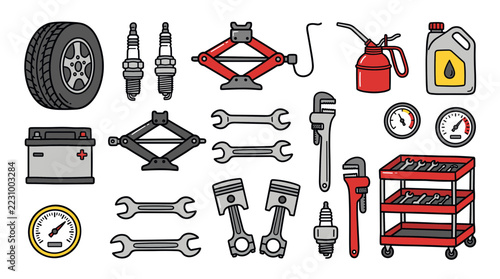 Car repair hand drawn clipart collection with tire, spark plugs, scissor jacks, oil can and jug, battery, spanners, pipe wrenches, pistons, gauges and red tool cart isolated on white