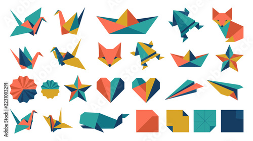 Minimalist origami vector set with paper cranes, paper boat, origami frogs, foxes, paper flowers, stars, folded hearts, paper airplanes, whale and folded squares in flat colors isolated on white