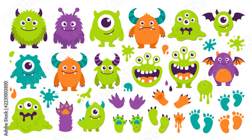 Cute monsters layered flat clipart collection with furry monsters, one eyed monsters, horned monsters, blob monsters, toothy monsters, winged monsters, claws, footprints and slime isolated on white