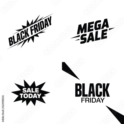 Set of four black and white promotional sale labels featuring black friday and mega sale text in comic speech bubble and geometric shapes