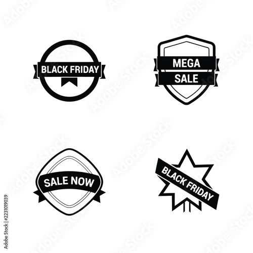 Set of four black and white sale badges featuring black friday and mega sale text in circular, shield, diamond, and starburst shapes