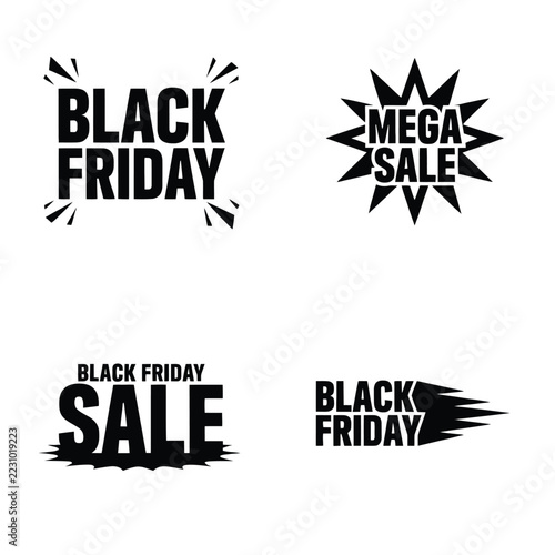 Set of four black and white typographic promotional badges for black friday and mega sale featuring starburst, explosion, and motion blur effects