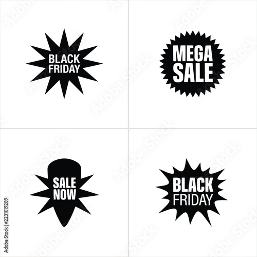 Set of four black promotional badges with starburst and serrated shapes, featuring white text for black friday and mega sale on white background