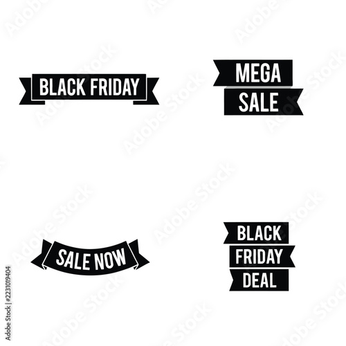 Set of four black ribbon banners with white sans serif typography, featuring black friday, mega sale, sale now, and black friday deal text