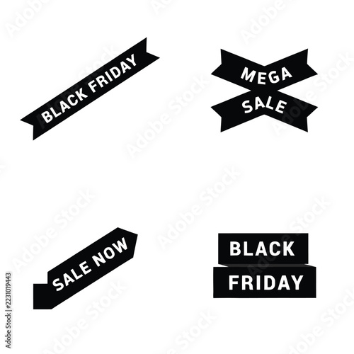 Set of four black ribbon sale banners with white sans serif typography, featuring black friday and mega sale text on a plain white background