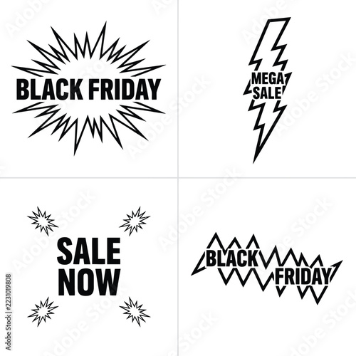 Four black and white sale labels with comic speech bubbles, lightning bolt, and geometric zigzag shapes for retail promotion