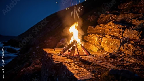 Burning campfire on a coastal mountains slope at night