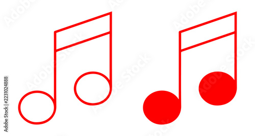 Fotografie musical notes in red outline with a white fill next to two musical notes in red