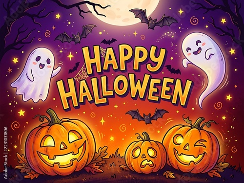 Happy Halloween illustration with jack o lanterns ghosts and bats