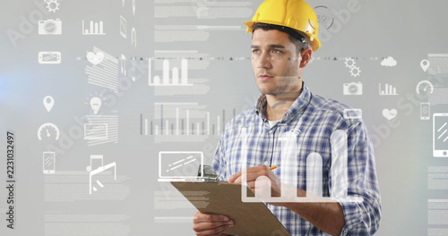 A digitally generated image depicts a builder in a helmet recording data on a high-tech interface.
